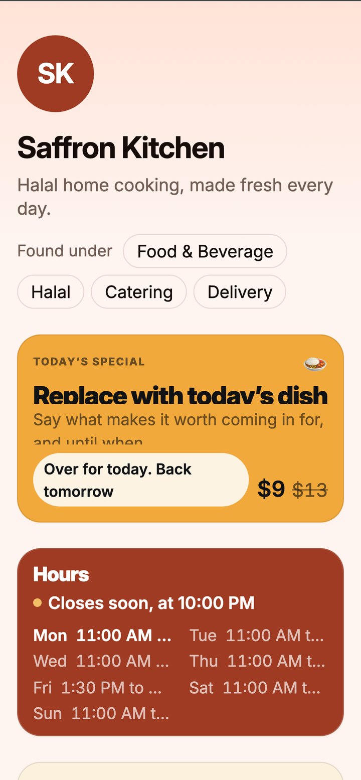 The restaurant’s page with today’s special and hours